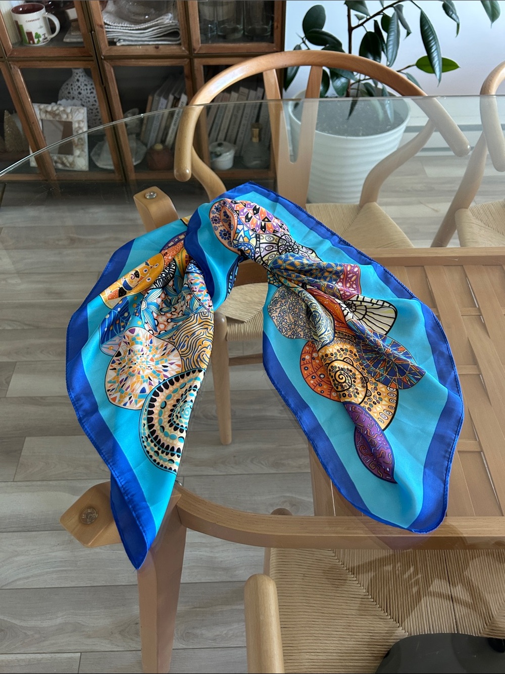 Silk-Feel Blue Patterned Women's Scarf